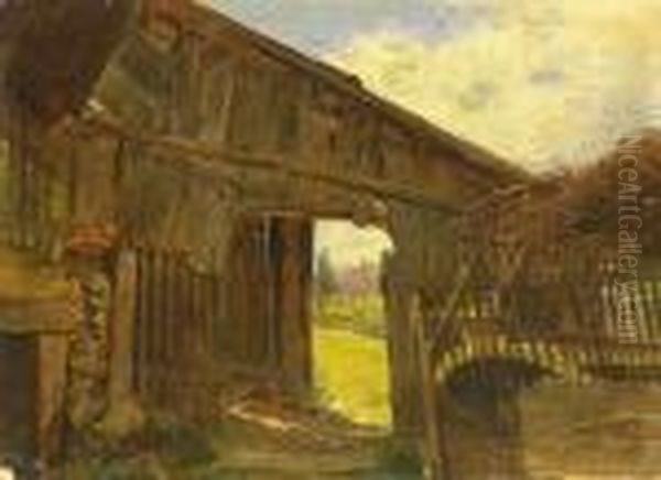 Reizende Ecke Eines Alten Gehofts An Einem Sonnigen Fruhlingstag Oil Painting by Friedrich Gauermann