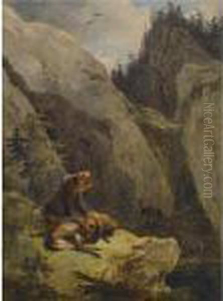 Baren Zerlegen Einen Hirsch (preying Bears) Oil Painting by Friedrich Gauermann