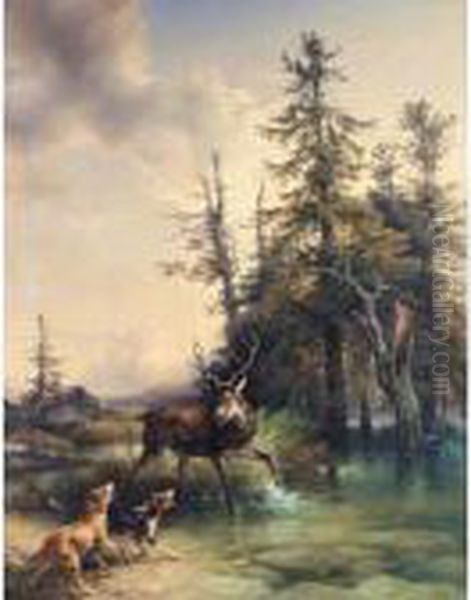 Hunde Stellen Einen Hirschen Im Wasser (hounds Cornering A Stag By A Stream) Oil Painting by Friedrich Gauermann