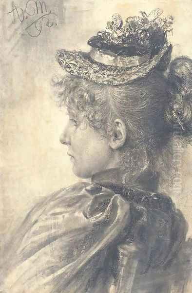 Portrait of a girl in profile to the left, bust-length, wearing a straw hat Oil Painting by Adolph von Menzel