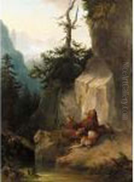 Bears In An Alpine Forest Oil Painting by Friedrich Gauermann