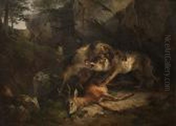 Wolves Fighting Over A Stag Oil Painting by Friedrich Gauermann