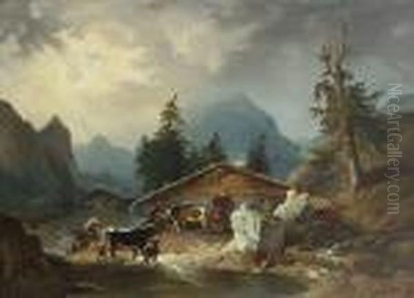 Seeauer Alpenhutte Im
 Regen. Oil Painting by Friedrich Gauermann