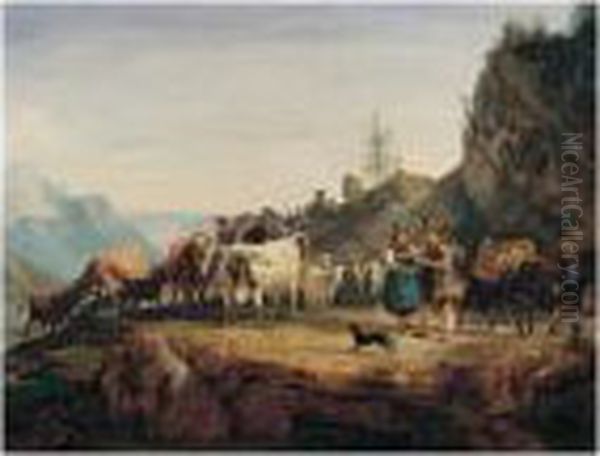 Almabtrieb (return From The Mountain Pasture) Oil Painting by Friedrich Gauermann