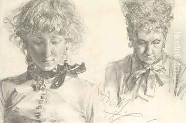 Portraits of a girl and an old woman, bust-length Oil Painting by Adolph von Menzel