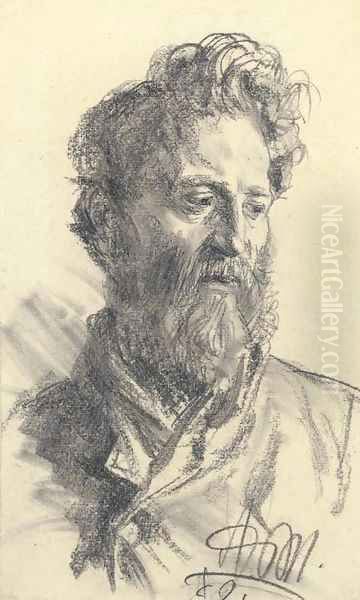 Head of a bearded man looking down to the right Oil Painting by Adolph von Menzel