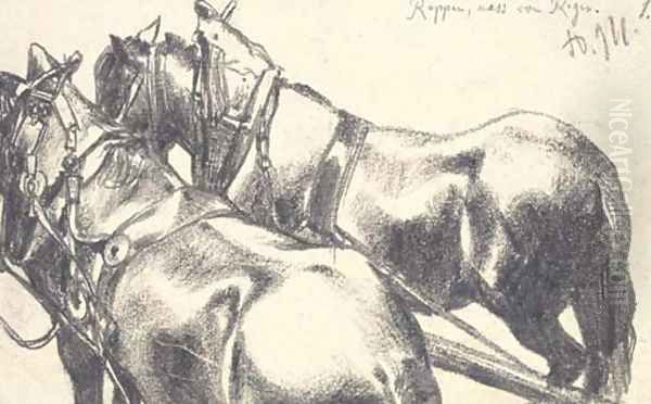 Two carthorses in harness, seen from behind Oil Painting by Adolph von Menzel