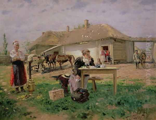 Arrival of a School Mistress in the Countryside, 1897 Oil Painting by Vladimir Egorovic Makovsky