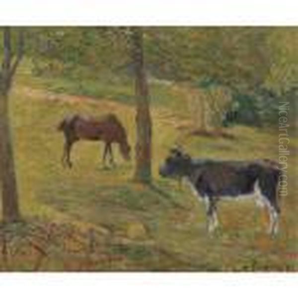 Vache Et Cheval Dans Un Pre Oil Painting by Paul Gauguin