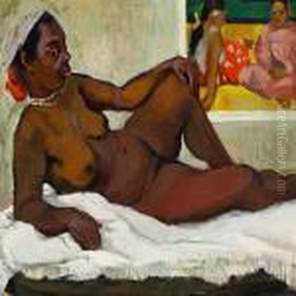 A Naked Dark Woman Laying With A White String Oil Painting by Paul Gauguin