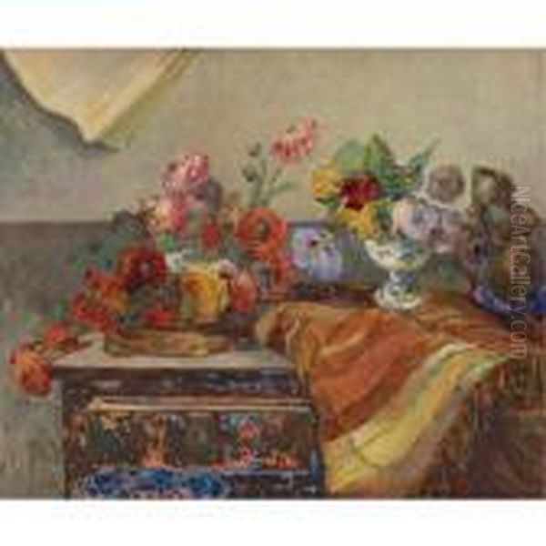 Bouquets Et Ceramique Sur Une Commode Oil Painting by Paul Gauguin