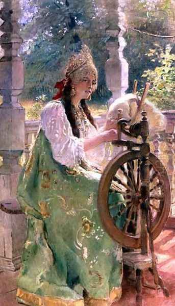 At the Spinning-Wheel Oil Painting by Konstantin Egorovich Egorovich Makovsky