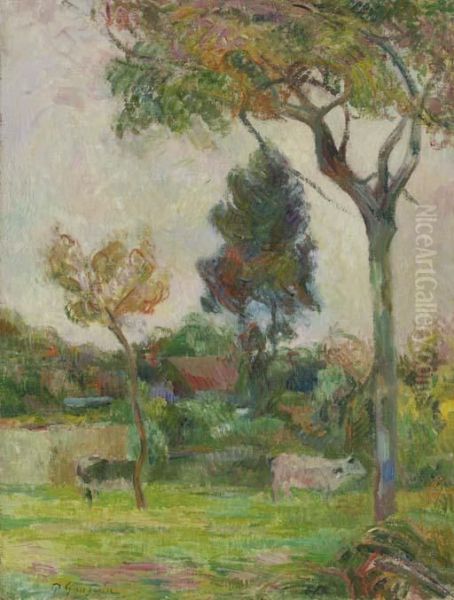 Deux Vaches Au Pre Oil Painting by Paul Gauguin