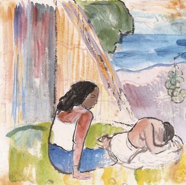 Deux Tahitiennes Oil Painting by Paul Gauguin