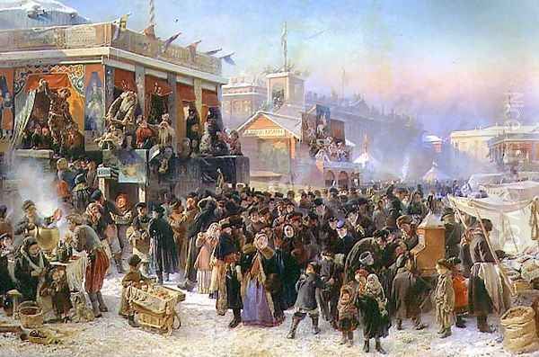 Fair Booths on Admiralty Square, St. Petersburg, 1869 Oil Painting by Konstantin Egorovich Egorovich Makovsky