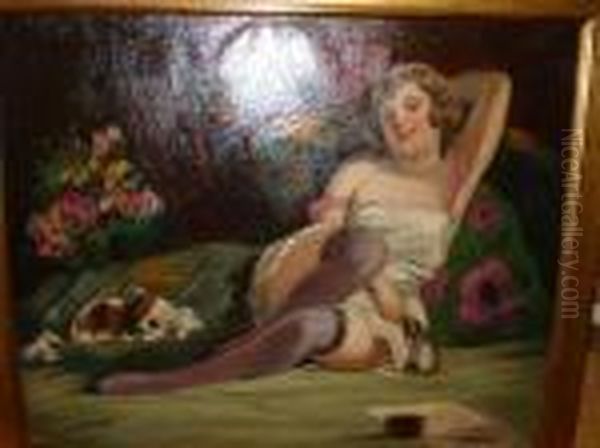 Lady Reclining With King Charles Spaniel Oil Painting by Richard Geiger