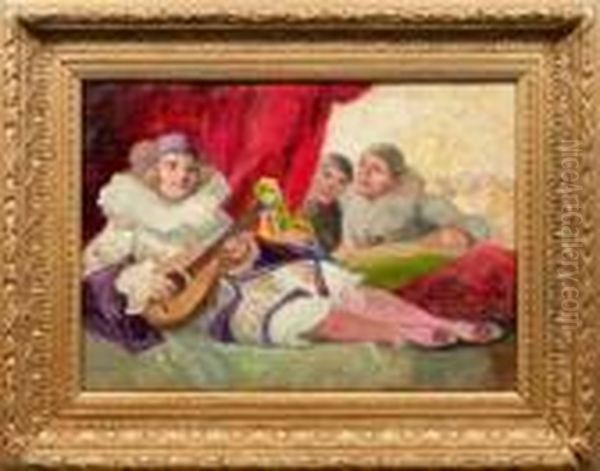 Mandoline Spielende Pierrette Mit Zwei Pierrots Oil Painting by Richard Geiger