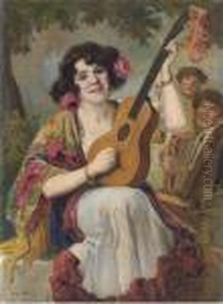 A Young Beauty Playing The Guitar Oil Painting by Richard Geiger