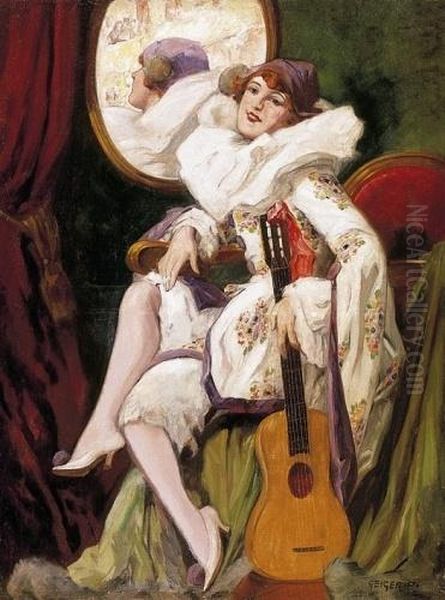 Pierrot With A Guitar Oil Painting by Richard Geiger