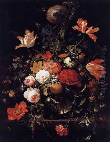 A Glass of Flowers and an Orange Twig 1660s Oil Painting by Abraham Mignon