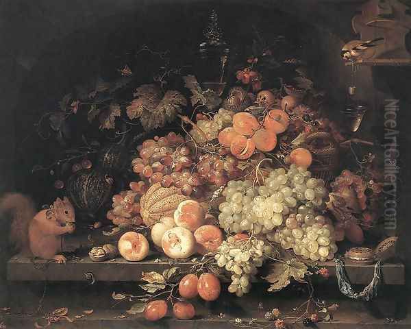 Fruit Still-Life with Squirrel and Goldfinch Oil Painting by Abraham Mignon