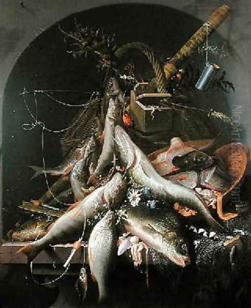 A Still Life of Fish and Fishing Tackle Oil Painting by Abraham Mignon