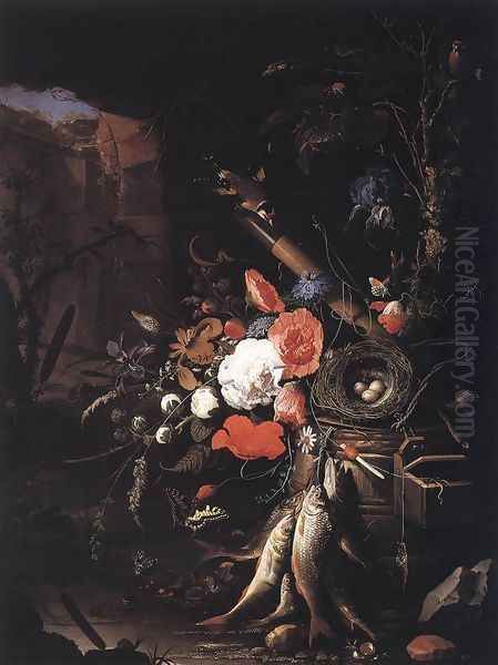 Still-Life with Fishes and Bird Nest c. 1670 Oil Painting by Abraham Mignon