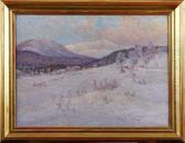 Vinterlandskap Med Stugor Oil Painting by Anton Genberg