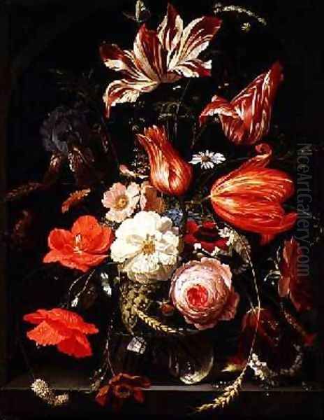 A Still Life of Flowers in a Glass Bowl Oil Painting by Abraham Mignon