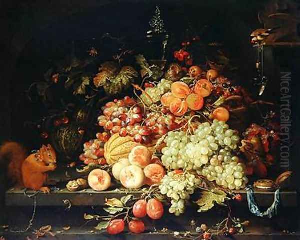 Still Life with Fruit Squirrel and Goldfinch Oil Painting by Abraham Mignon