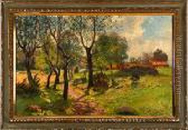 A Summer Scenery With Farm, Birch Field, And Working People. Signed Oil Painting by Anton Genberg