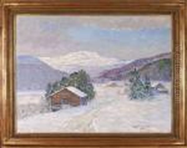 Vinterlandskap Med Stugor, Signerad Och Daterad A. Genberg 1938 Oil Painting by Anton Genberg