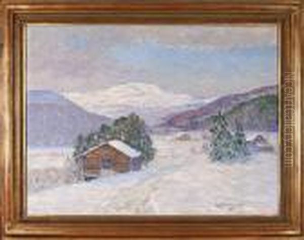 Vinterlandskap Med Stugor Oil Painting by Anton Genberg