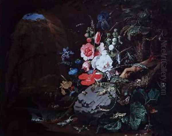 Flowers and birds in a cave Oil Painting by Abraham Mignon