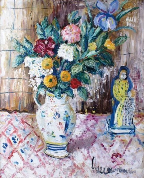 Vase De Fleurs Et Statuette En Faience De Quimper Oil Painting by Lucien Genin