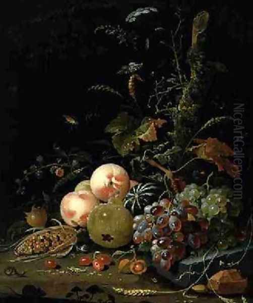 Still life with fruit and corn Oil Painting by Abraham Mignon