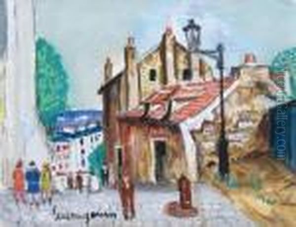 Rue Animee A Montmartre Oil Painting by Lucien Genin