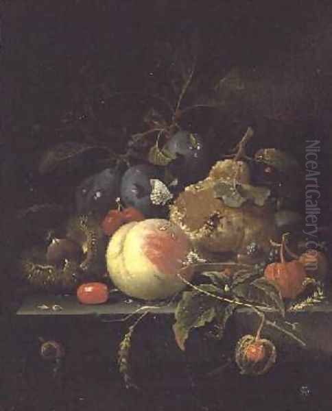 Still Life of Fruit and Nuts on a Stone Ledge Oil Painting by Abraham Mignon