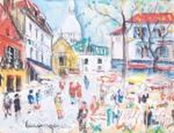 Place Du Tertre A Montmartre Oil Painting by Lucien Genin