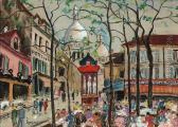 Vue De Montmartre, Place Du Tetre. Oil Painting by Lucien Genin