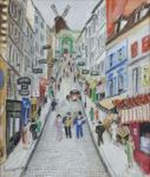 Rue Anime A Montmartre Oil Painting by Lucien Genin