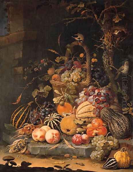 A forest floor still life with grapes, plums, rosehips, blackberries and ears of corn in a basket, with peaches, melons and corn cobs on a stone slab Oil Painting by Abraham Mignon