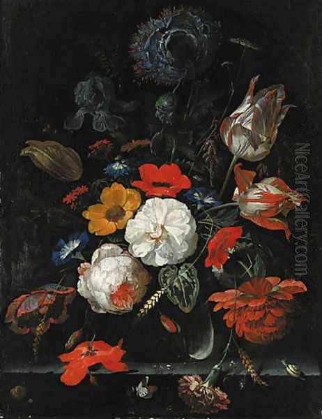 Roses, parrot tulips, poppies, morning glory, a carnation, an iris, paeonies and other flowers, with ears of corn in a glass vase with snails Oil Painting by Abraham Mignon