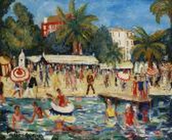 Plage Animee Oil Painting by Lucien Genin