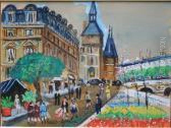 Marche Aux Fleurs Sur Les Quais De Seine Oil Painting by Lucien Genin