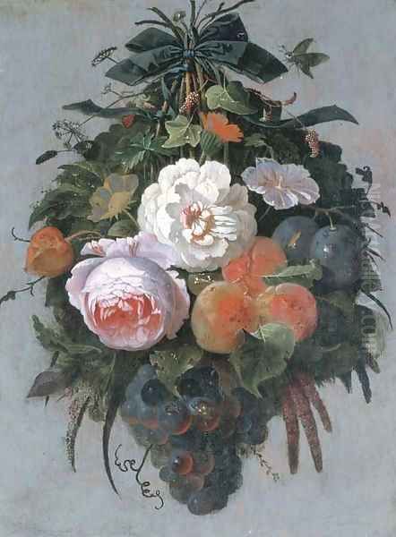 A swag of fruit and flowers hanging from a nail Oil Painting by Abraham Mignon