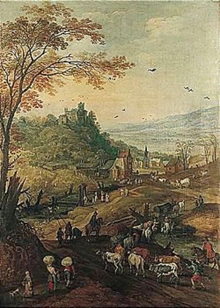 A Rocky Landscape With Cattle On A Road Oil Painting by Joos De Momper