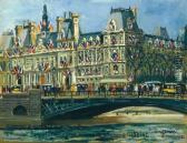 Fete Nationale A L'hotel De Ville De Paris Oil Painting by Lucien Genin