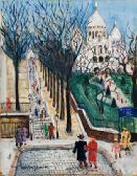 Paris, Les Escaliers Du Sacre-coeur Oil Painting by Lucien Genin