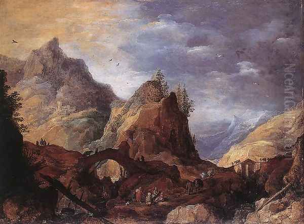 Mountain Scene with Bridges c. 1600 Oil Painting by Joos De Momper